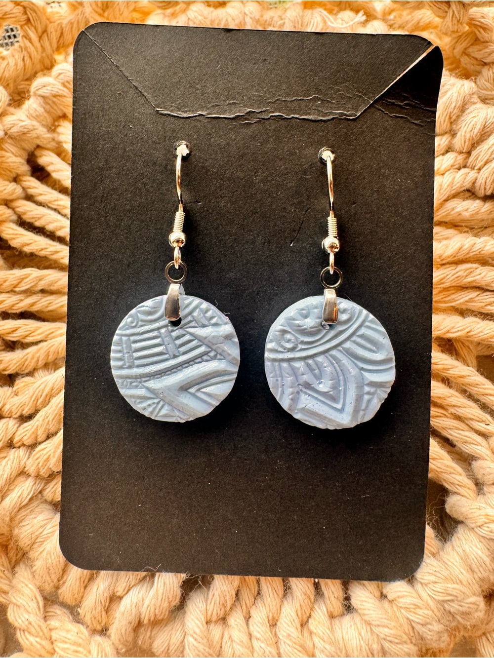 Light Blue Boho Textured Round Dangle Earrings